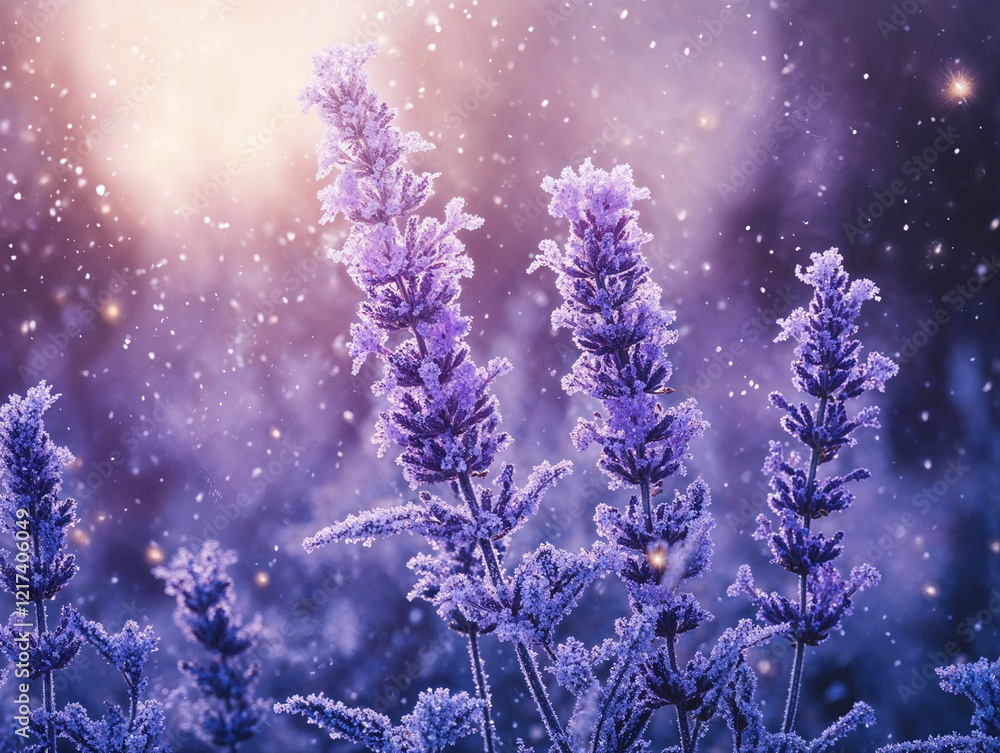 Naklejka premium Snowy Lavender Stems with Magical Light and Snowfall