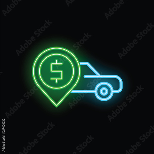 Glowing neon icon of a car with dollar sign representing paid parking