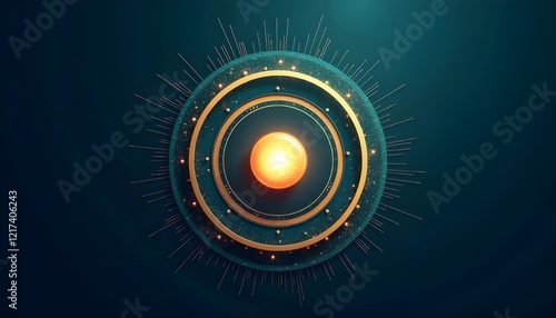 circular design with glowing orb, teal and gold concentric circles on navy blue, abstract circle background