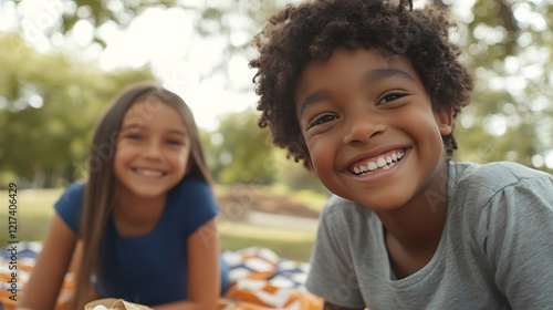 Happy multiethnic children playing together in the park, laughing and running around.