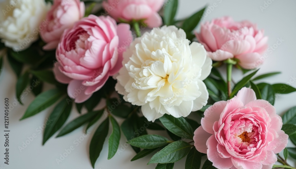 Fototapeta premium A stunning arrangement of peonies showcases their exquisite petals in shades of pink and white, nestled among vibrant green foliage. This floral display radiates elegance and freshness, perfect for