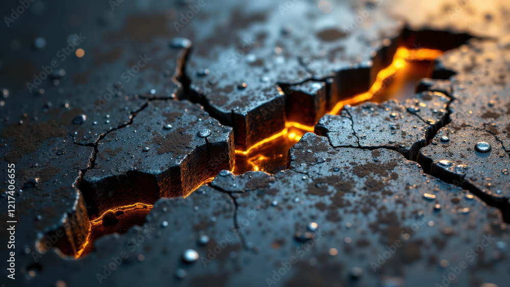 A close-up view of molten metal spilling from a crack, with steam rising above it. A close-up view of molten metal spilling from a crack, with steam rising above it.