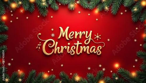 festive merry christmas design with gold font and evergreen branches, christmas background with christmas tree and decorations