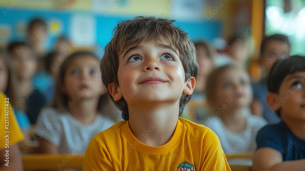 Preschool kids in a beautifully decorated classroom, eagerly waiting to perform in a fun, playful classroom skit. Preschool kids in a beautifully decorated classroom, eagerly waiting to perform in a fun, playful classroom skit.