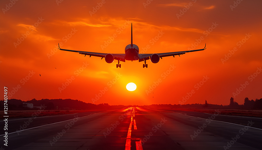 Fototapeta premium Airplane landing silhouette against a vibrant sunset sky on a runway