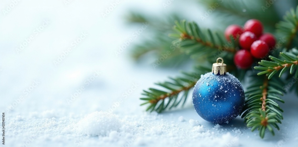 Fir branch with blue pinecones and red berries against a snowy white background, holiday, ball Fir branch with blue pinecones and red berries against a snowy white background, holiday, ball