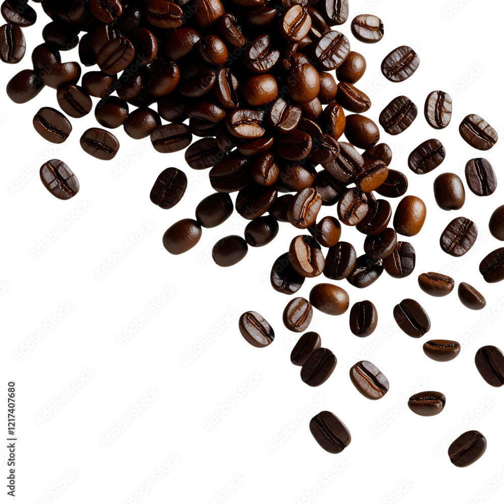 Obraz premium Roasted coffee beans spilling from the top left corner isolated on transparent background