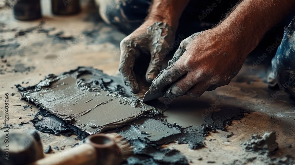 Close-up of hands applying grey mortar to tile. Close-up of hands applying grey mortar to tile.