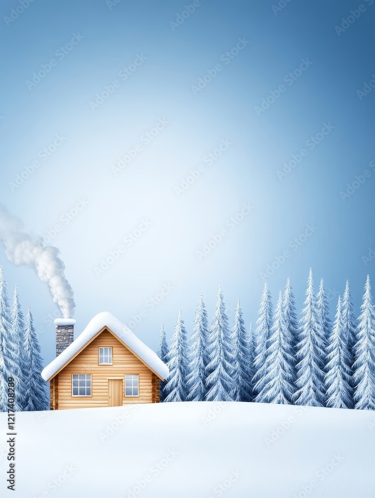 Naklejka premium A Serene Winter Cabin Landscape - Peaceful winter scene, cozy cabin, snow-covered trees, tranquil atmosphere, symbolizes serenity, warmth, and escape.
