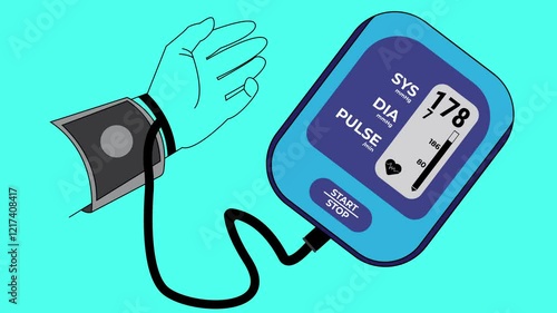 tensiometer, blood pressure monitor, A portable blood pressure monitor depicted in a vector illustration animation style, emphasizing health care and medical concepts, rendered in high-quality 4K.