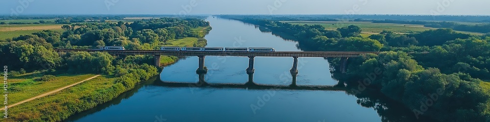 Aerial view of a railway bridge spanning wide river. Sleek tracks and supports blend seamlessly with surrounding nature, trains moving both directions under clear blue sky. Aerial view of a railway bridge spanning wide river. Sleek tracks and supports blend seamlessly with surrounding nature, trains moving both directions under clear blue sky.