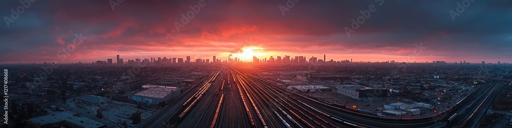 Fototapeta premium Aerial view of massive rail hub with multiple trains on crisscrossing tracks. Sprawling urban landscape fades into horizon under pink-orange hues of sunset.