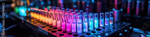  Fluorescent-labeled test tubes neatly organized in cooling rack. Vibrant colors glow under UV light, with a nearby high-precision spectrophotometer completing modern laboratory setup.