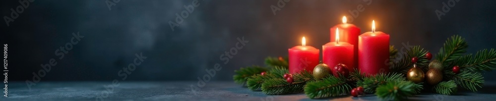 Fir branch with four burning candles against dark grey background, holiday decor, candlelight Fir branch with four burning candles against dark grey background, holiday decor, candlelight