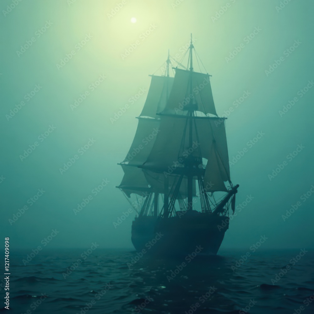 Ancient frigate sails into dense fog, masts silhouetted , waves, atmosphere, rigging Ancient frigate sails into dense fog, masts silhouetted , waves, atmosphere, rigging