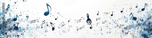  Blue musical notes scattered on white background with artistic splashes and swirls, perfect for music-related designs, creativity, and artistic expression.
