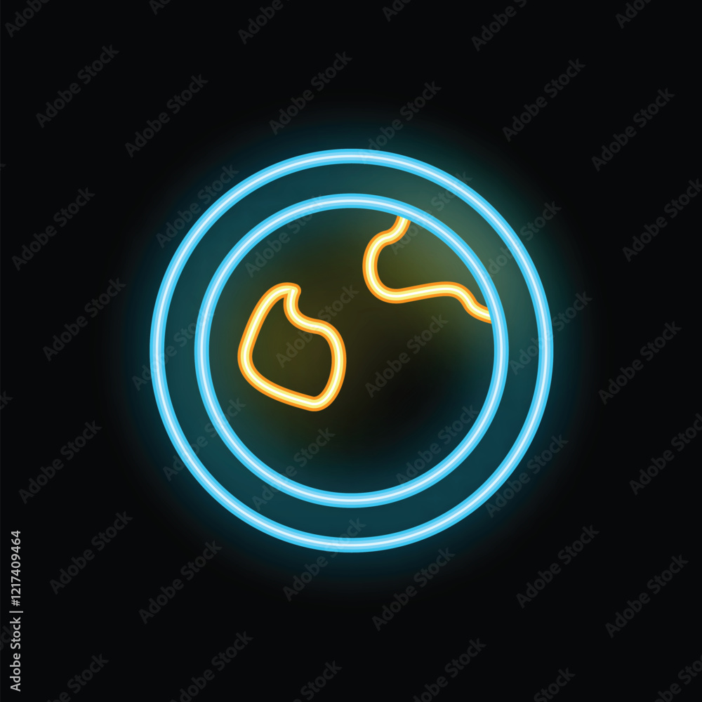 Neon sign showing stylized planet earth glowing in blue and yellow Neon sign showing stylized planet earth glowing in blue and yellow