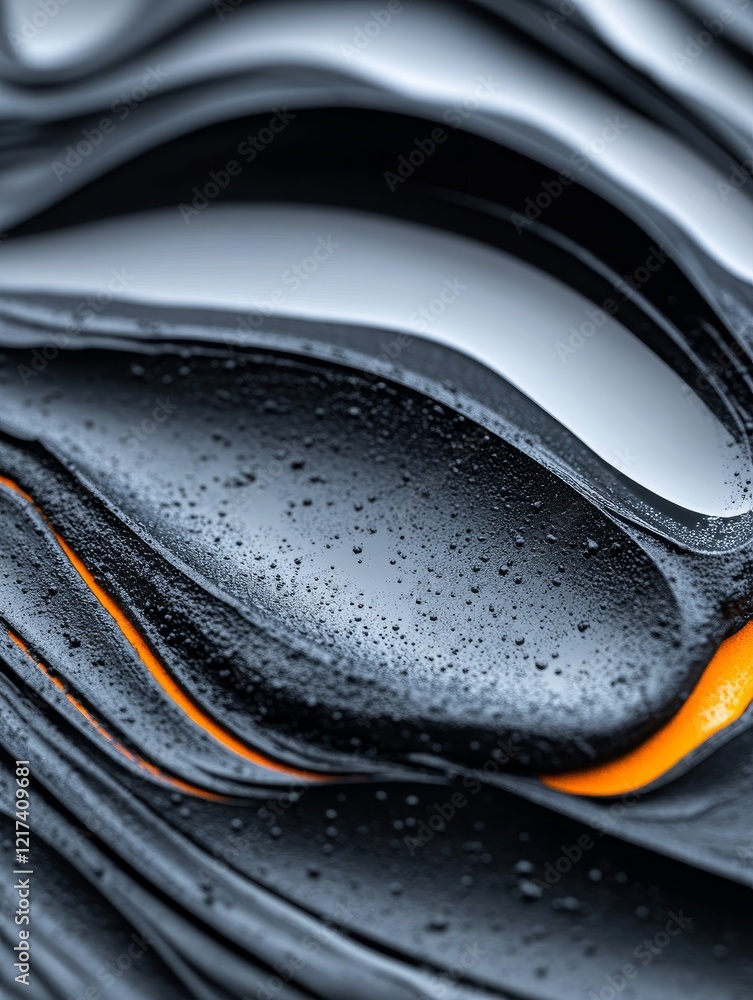 Obraz premium Abstract Dark Gray and Orange Waves - Close-up of abstract dark gray and orange waves with water droplets, creating a modern and sleek design.