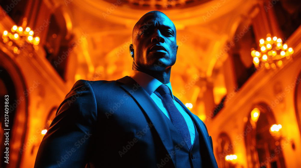 Obraz premium confident bodyguard in suit stands in grand hall with warm lighting