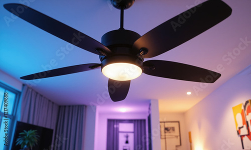 A smart ceiling fan with adjustable speed, color, and light intensity based on room temperature and the user's preference. It integrates with photo