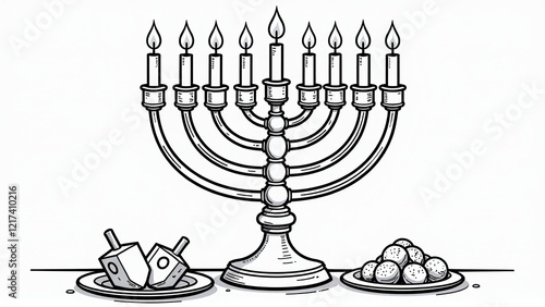 Menorah, Dreidel, and Sufganiyot for Hanukkahcoloring bookcoloring book photo