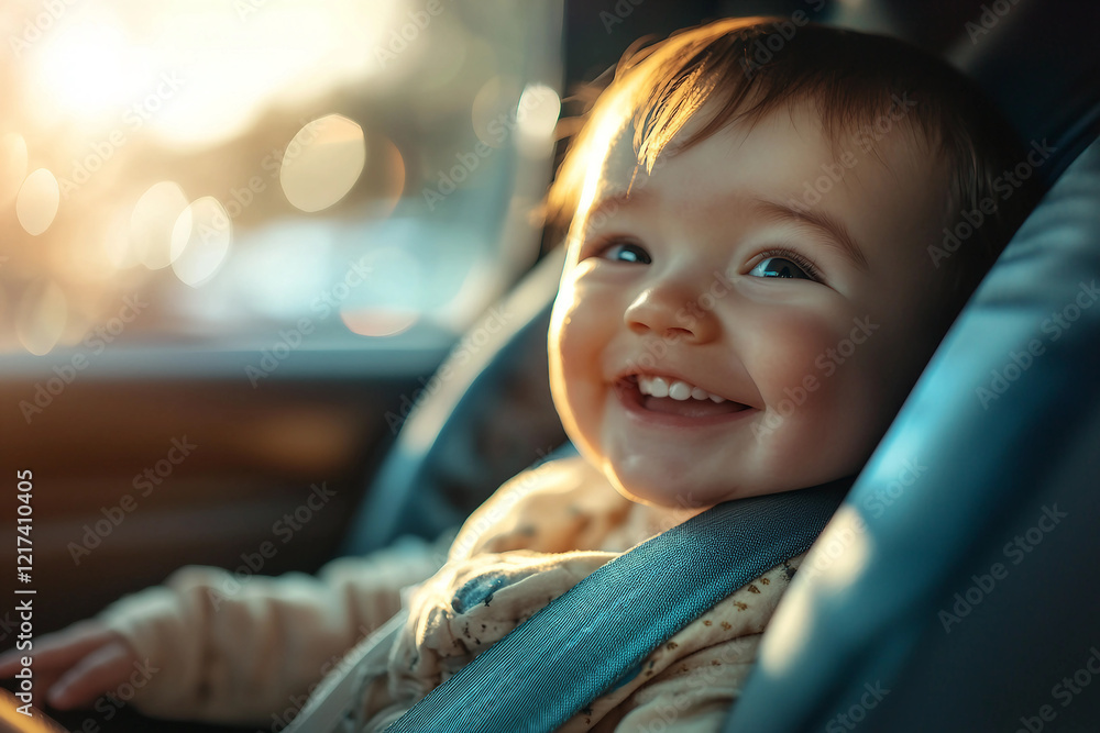 Generative AI depiction of happy baby in car seat, showcasing safety and travel for young children Generative AI depiction of happy baby in car seat, showcasing safety and travel for young children