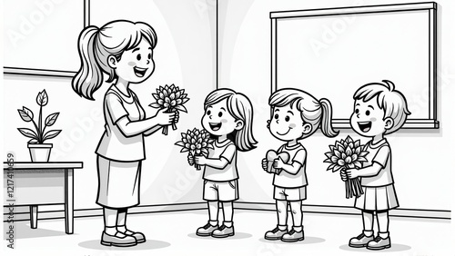 Children Giving Flowers to Teacher in Classroomcoloring bookcoloring book photo