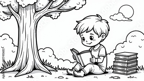 Boy Reading Book Under Treecoloring bookcoloring book photo