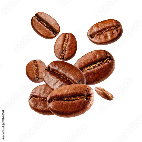Falling coffee beans isolated on transparent background. PNG Image
