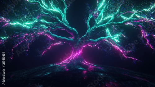 Neon Tree with Electric Branches Illuminating Dark Environment in Futuristic Style