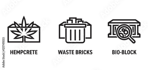 Modern materials - algae bio-block, hempcrete, waste based bricks, in bold line