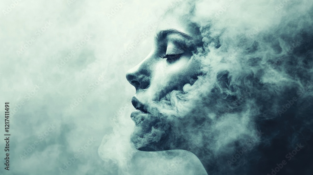 Artistic human face merging with abstract smog particles, symbolic representation of personal and environmental health. Artistic human face merging with abstract smog particles, symbolic representation of personal and environmental health.
