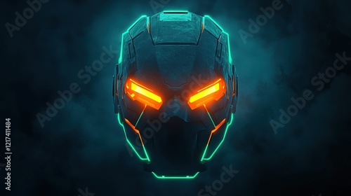 Futuristic robotic head design with glowing eyes set against a dark and atmospheric background