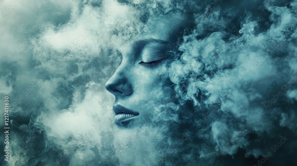 Artistic human face merging with abstract smog particles, symbolic representation of personal and environmental health. Artistic human face merging with abstract smog particles, symbolic representation of personal and environmental health.