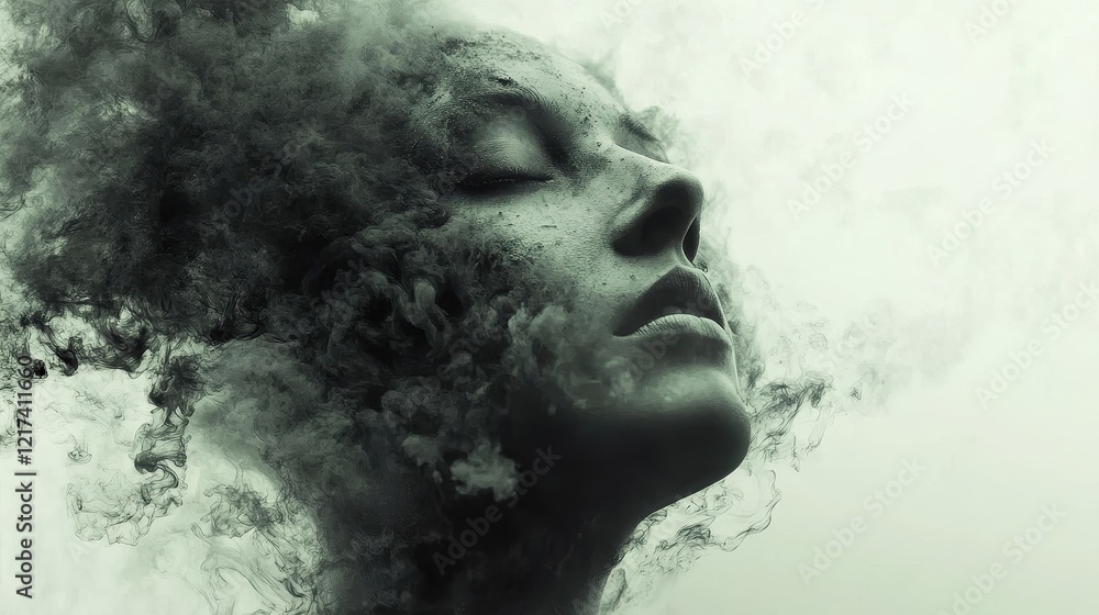 Artistic human face merging with abstract smog particles, symbolic representation of personal and environmental health. Artistic human face merging with abstract smog particles, symbolic representation of personal and environmental health.
