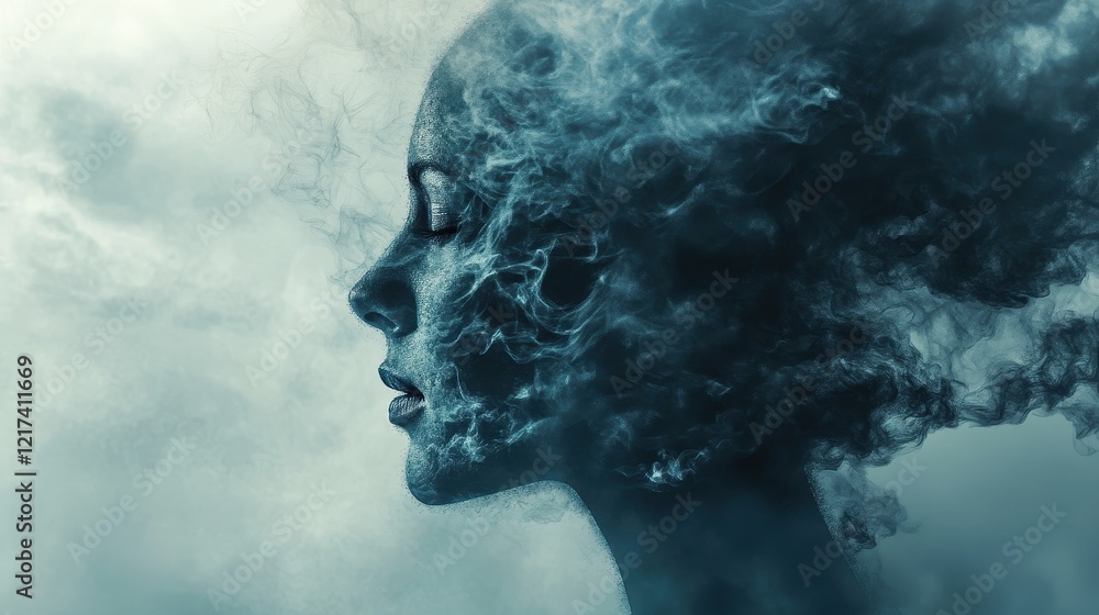 Artistic human face merging with abstract smog particles, symbolic representation of personal and environmental health. Artistic human face merging with abstract smog particles, symbolic representation of personal and environmental health.