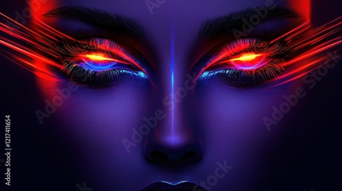 Futuristic Portrait with Neon Glow, Intense Eyes, Vibrant Colors, and Abstract Elements for Modern Art and Design Projects