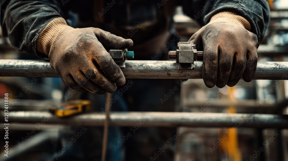 Close-up of worker's hands assembling metal scaffolding. Close-up of worker's hands assembling metal scaffolding.