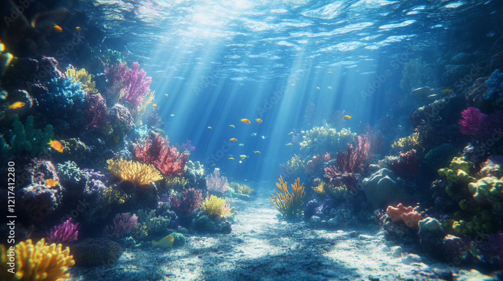 Fototapeta premium Underwater ocean scene of pink, purple coral reefs, swimming fish illuminated by sunlight streaming through the water surface. 