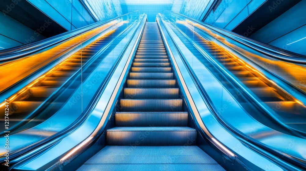 Obraz premium Modern Blue Escalator in a Stylish Building Interior
