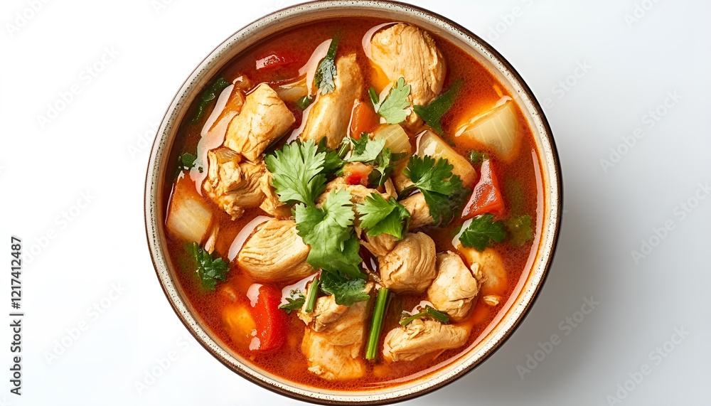 Bowl of delicious chicken curry on white background, top view Bowl of delicious chicken curry on white background, top view