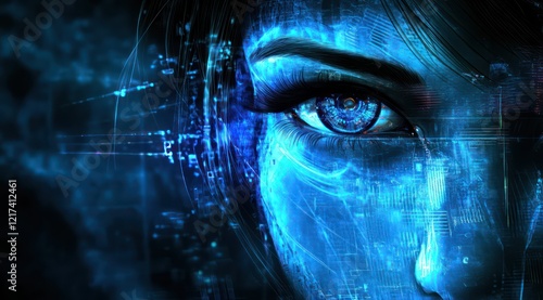 Wallpaper Mural Abstract digital human face with an eye and head, a glowing blue hologram Torontodigital.ca