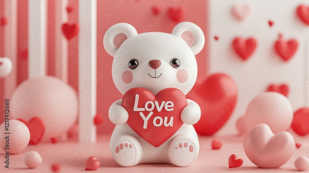 Obraz premium Cute teddy bear holding red heart with Love You text in charming, soft scene filled with pink hearts and balloons