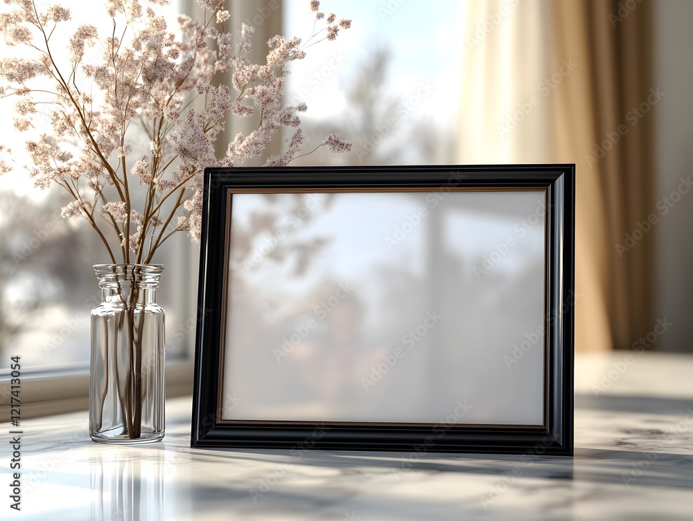 Fototapeta premium Black Frame Mockup: A stylish black photo frame sits on a marble surface, next to a vase of dried flowers, bathed in soft sunlight streaming through a nearby window.