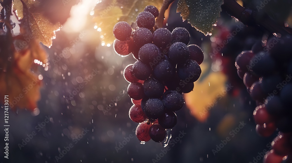Close-up of dew-covered grapes hanging in a vineyard during a rainy day. Close-up of dew-covered grapes hanging in a vineyard during a rainy day.