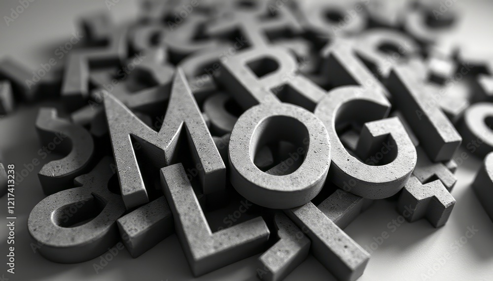 A striking composition of oversized, gray concrete letters sprawls across a soft, neutral background, creating a modern and artistic vibe. The interplay of light and shadow adds depth, inviting A striking composition of oversized, gray concrete letters sprawls across a soft, neutral background, creating a modern and artistic vibe. The interplay of light and shadow adds depth, inviting