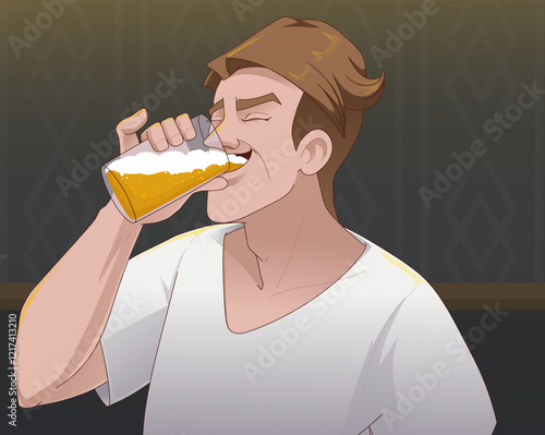 A man drinks beer. Evening relax. Vector illustration. 