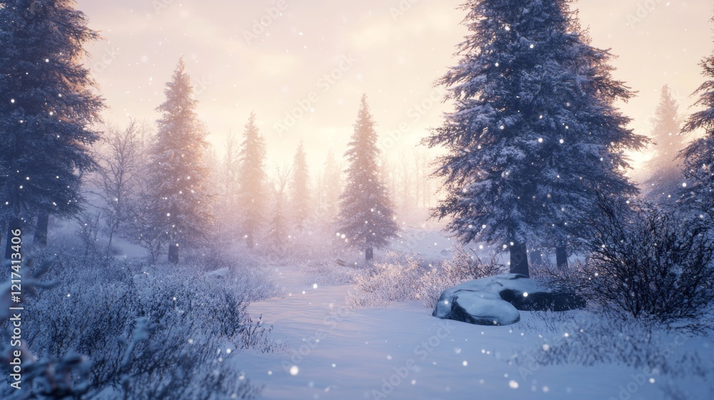 Fototapeta premium Winter Forest Path Under Snowy Sunrise