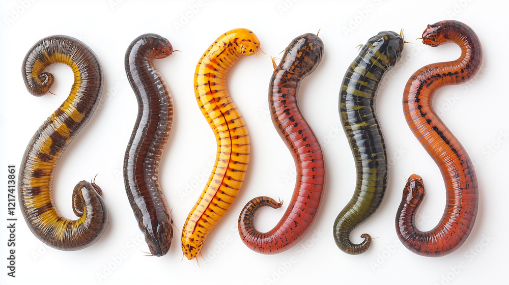 Collection set of worms isolated on white background for nature and educational purposes Collection set of worms isolated on white background for nature and educational purposes