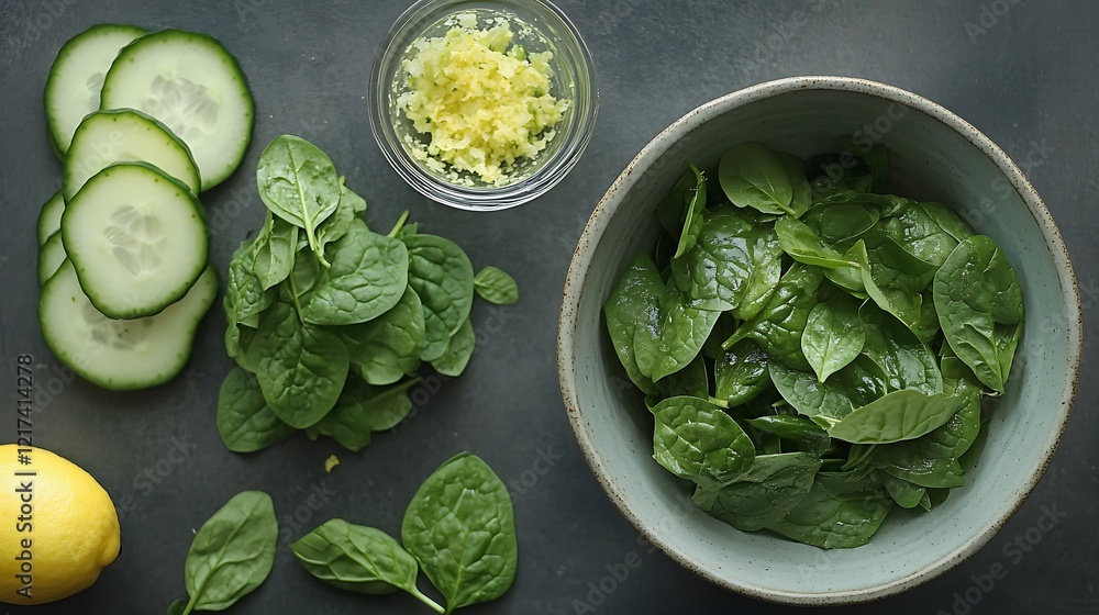 Obraz premium Green salad with cucumber, spinach and mozzarella in bowl on dark background. Top view